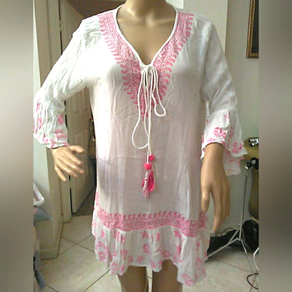 COVER UP White & Pink Embroidered W/ TASSELS  RUFFLED BY AZUCAR SZ. M